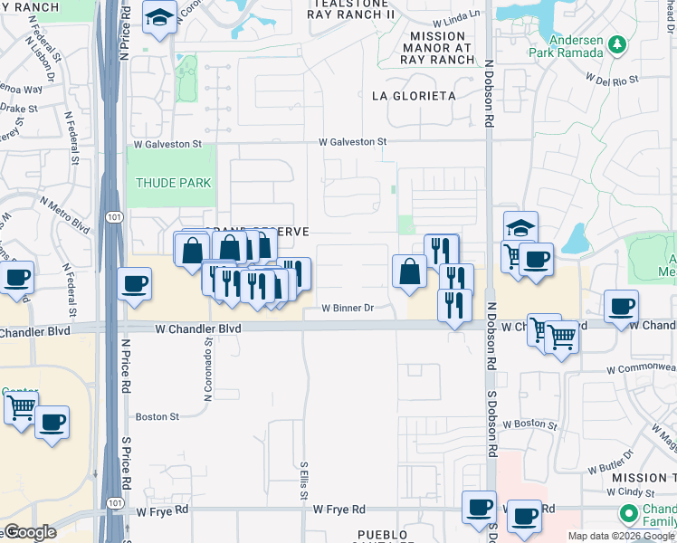 map of restaurants, bars, coffee shops, grocery stores, and more near 2420 West Toledo Place in Chandler
