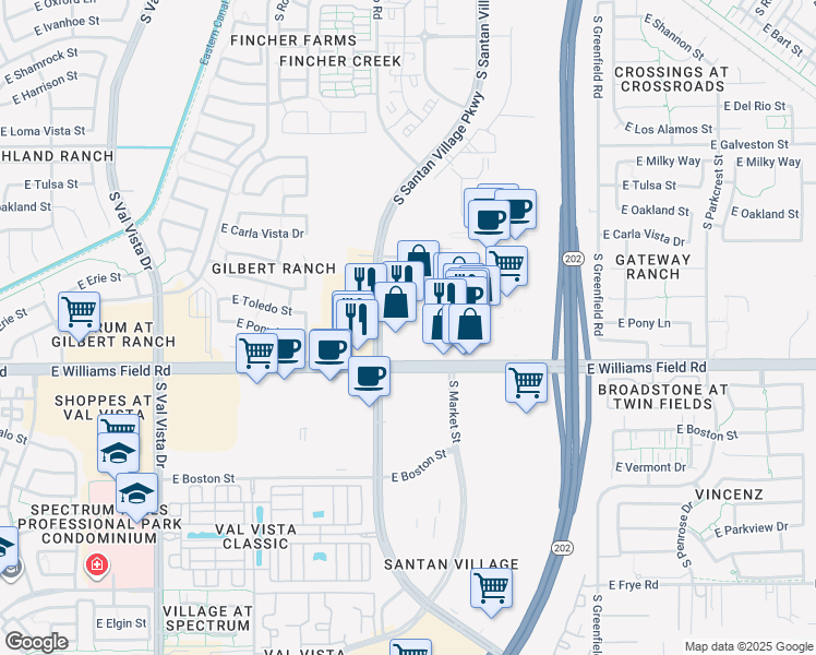 map of restaurants, bars, coffee shops, grocery stores, and more near 2050 East Williams Field Road in Gilbert