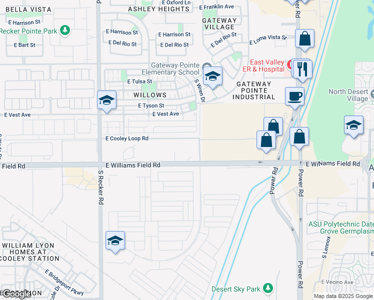 map of restaurants, bars, coffee shops, grocery stores, and more near 18042 East Williams Field Road in Gilbert
