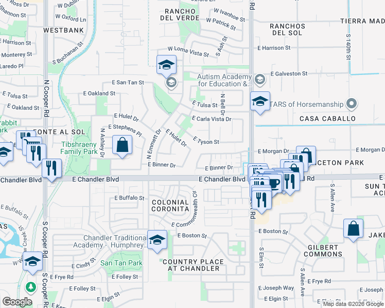 map of restaurants, bars, coffee shops, grocery stores, and more near 253 North Kimberlee Way in Chandler