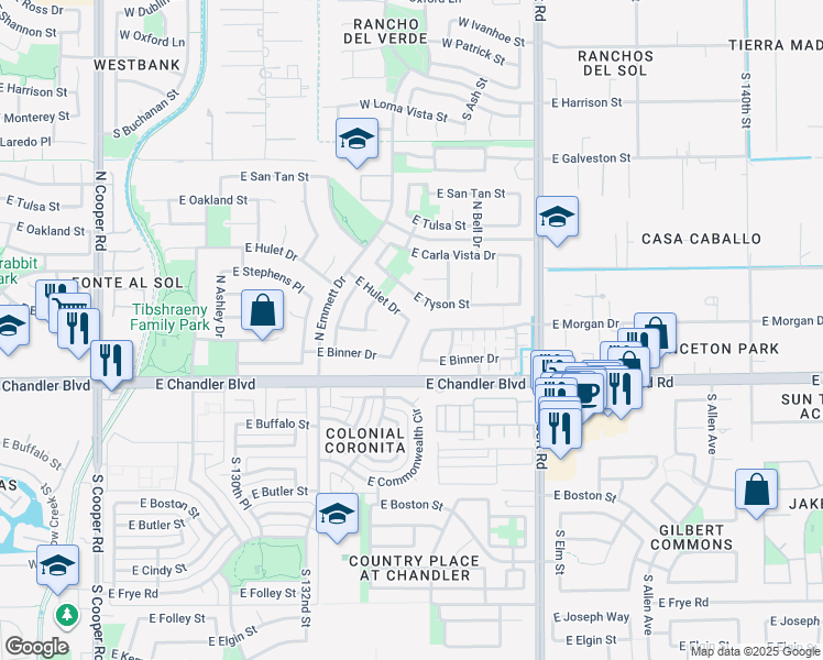 map of restaurants, bars, coffee shops, grocery stores, and more near 253 North Kimberlee Way in Chandler