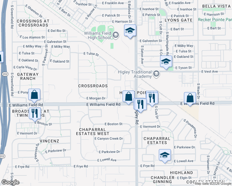 map of restaurants, bars, coffee shops, grocery stores, and more near 2331 South Minneola Lane in Gilbert