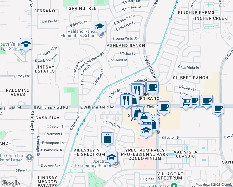 map of restaurants, bars, coffee shops, grocery stores, and more near 1365 East Toledo Street in Gilbert