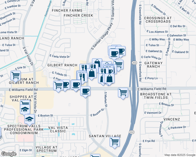 map of restaurants, bars, coffee shops, grocery stores, and more near 15672-15776 East Williams Field Road in Gilbert