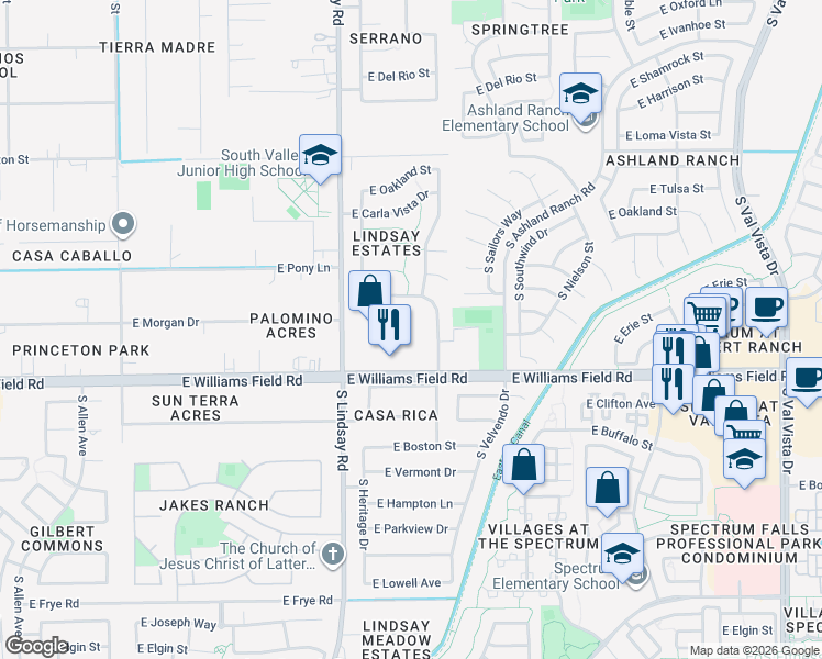 map of restaurants, bars, coffee shops, grocery stores, and more near 2356 South Porter Street in Gilbert