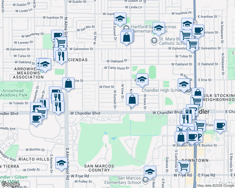 map of restaurants, bars, coffee shops, grocery stores, and more near 680 West Toledo Street in Chandler