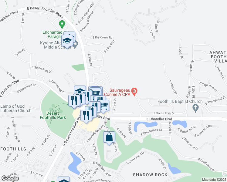 map of restaurants, bars, coffee shops, grocery stores, and more near 15215 South 14th Place in Phoenix