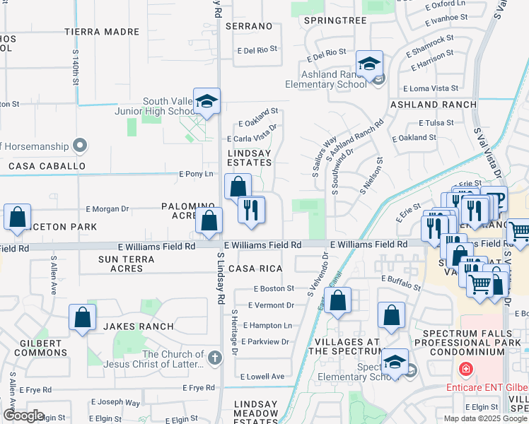 map of restaurants, bars, coffee shops, grocery stores, and more near 940 East Williams Field Road in Gilbert