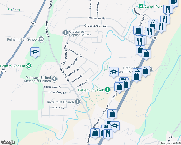 map of restaurants, bars, coffee shops, grocery stores, and more near 504 Creekview Terrace in Pelham