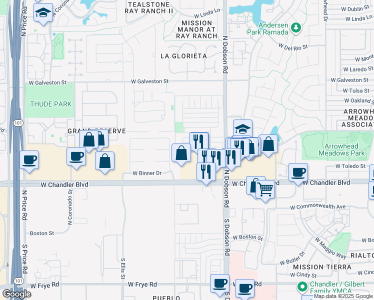map of restaurants, bars, coffee shops, grocery stores, and more near 2111 West Flint Street in Chandler