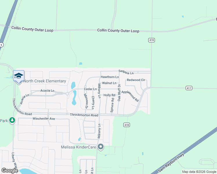 map of restaurants, bars, coffee shops, grocery stores, and more near 3411 Walnut Lane in Melissa