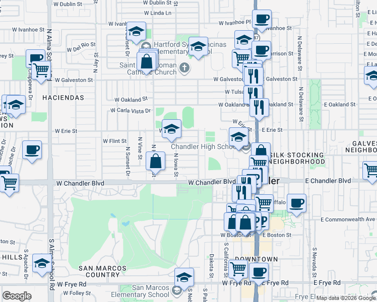 map of restaurants, bars, coffee shops, grocery stores, and more near 456 West Flint Street in Chandler