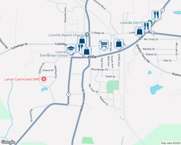 map of restaurants, bars, coffee shops, grocery stores, and more near 60026 Alabama 49 in Lineville