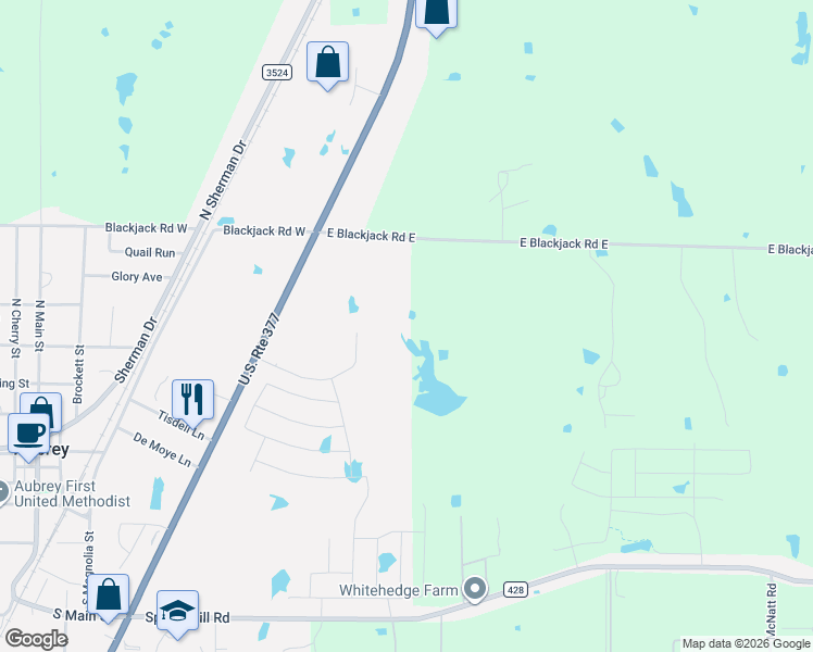 map of restaurants, bars, coffee shops, grocery stores, and more near 189-19527 East Black Jack Road in Aubrey