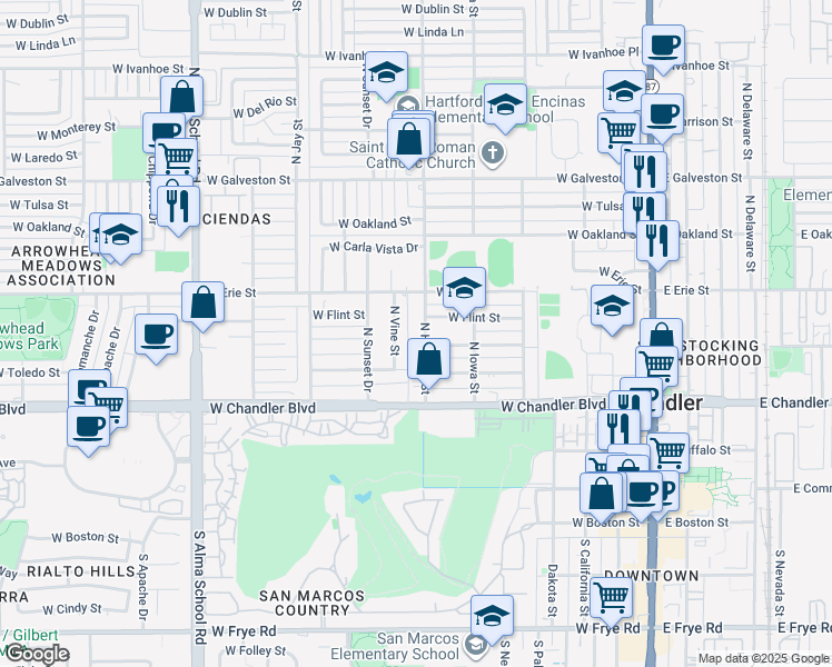 map of restaurants, bars, coffee shops, grocery stores, and more near 372 North Hartford Street in Chandler