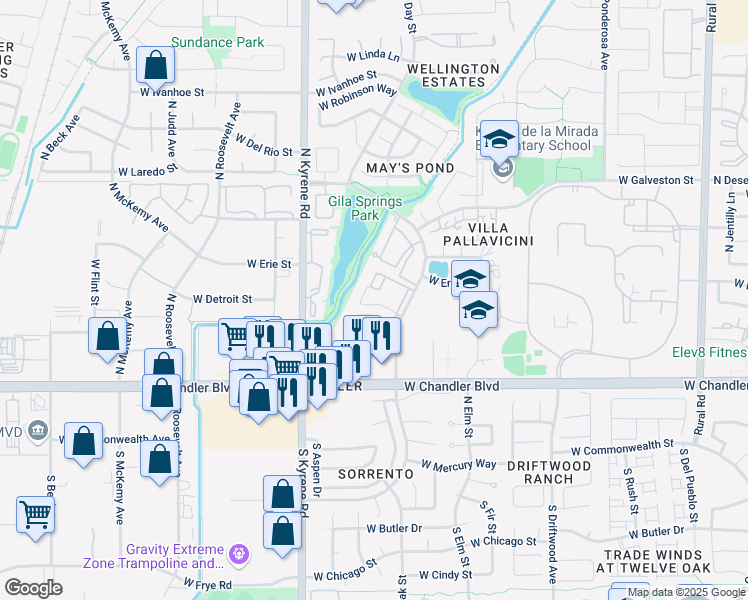 map of restaurants, bars, coffee shops, grocery stores, and more near 444 North Gila Springs Boulevard in Chandler
