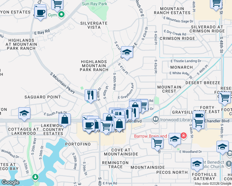 map of restaurants, bars, coffee shops, grocery stores, and more near 4041 East White Aster Street in Phoenix