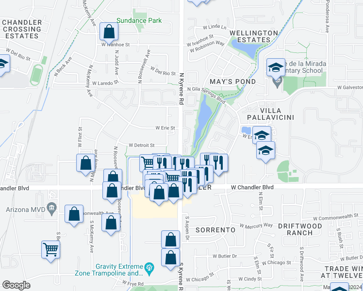 map of restaurants, bars, coffee shops, grocery stores, and more near 411 North Kyrene Road in Chandler