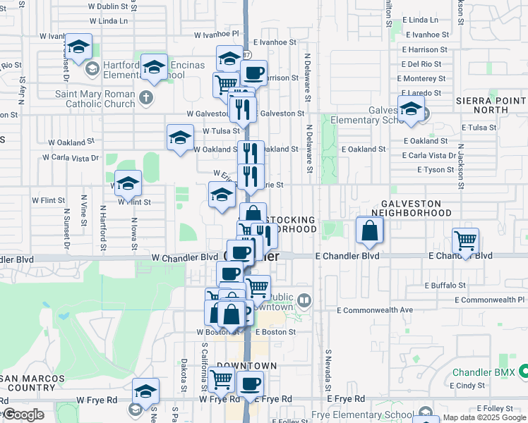 map of restaurants, bars, coffee shops, grocery stores, and more near 355 North Washington Street in Chandler