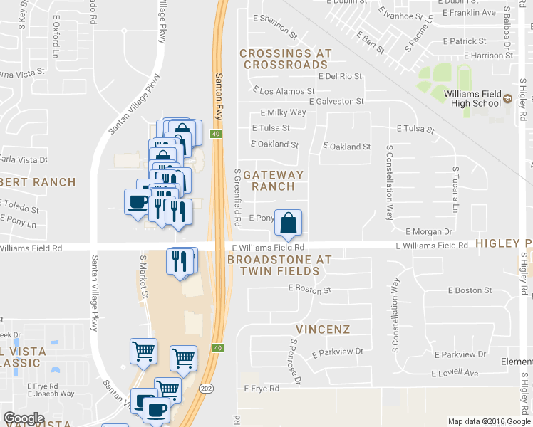 map of restaurants, bars, coffee shops, grocery stores, and more near 2482 East Pony Lane in Gilbert