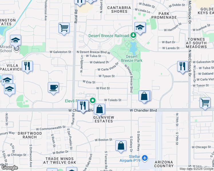map of restaurants, bars, coffee shops, grocery stores, and more near 381 North Terrace Road in Chandler