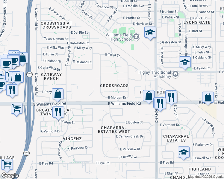 map of restaurants, bars, coffee shops, grocery stores, and more near 2895 East Toledo Court in Gilbert
