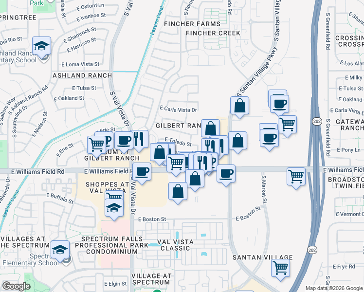 map of restaurants, bars, coffee shops, grocery stores, and more near 1772 East Toledo Street in Gilbert