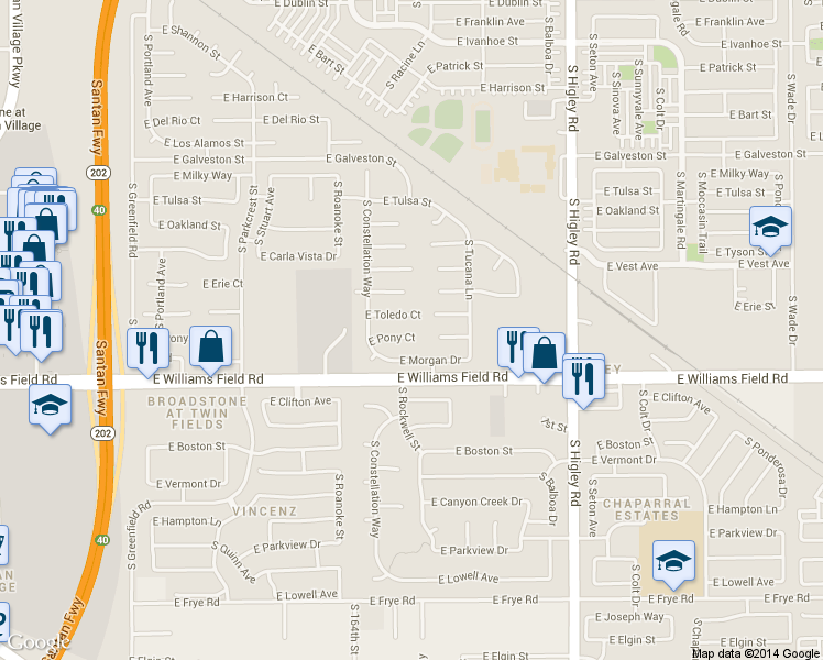 map of restaurants, bars, coffee shops, grocery stores, and more near 2895 East Toledo Court in Gilbert
