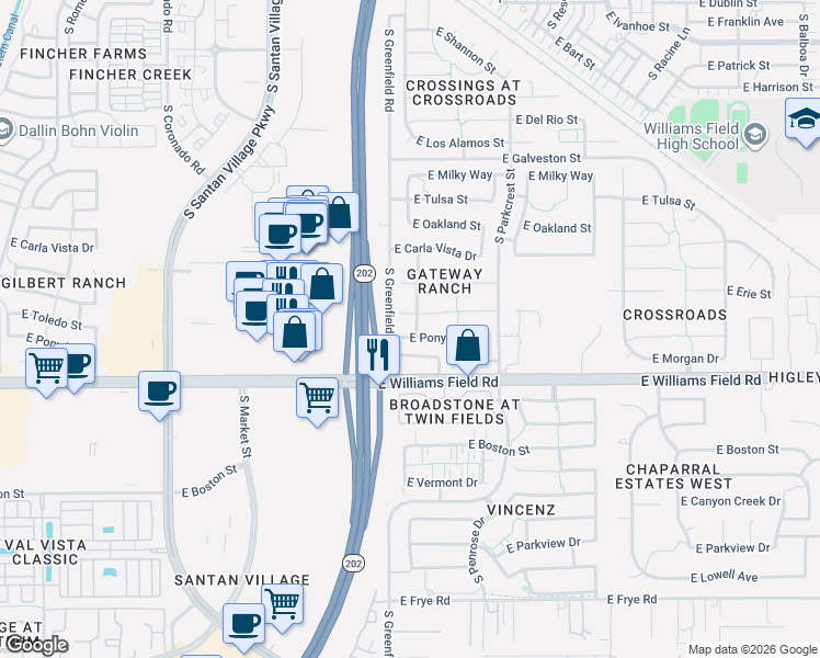 map of restaurants, bars, coffee shops, grocery stores, and more near 2421 East Toledo Court in Gilbert
