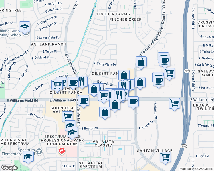map of restaurants, bars, coffee shops, grocery stores, and more near 1772 East Toledo Street in Gilbert