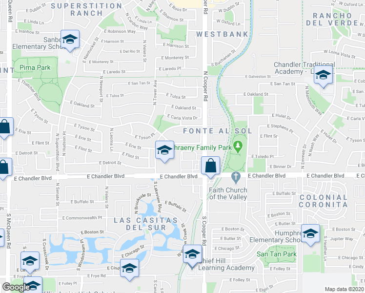 map of restaurants, bars, coffee shops, grocery stores, and more near 1922 East Erie Street in Chandler