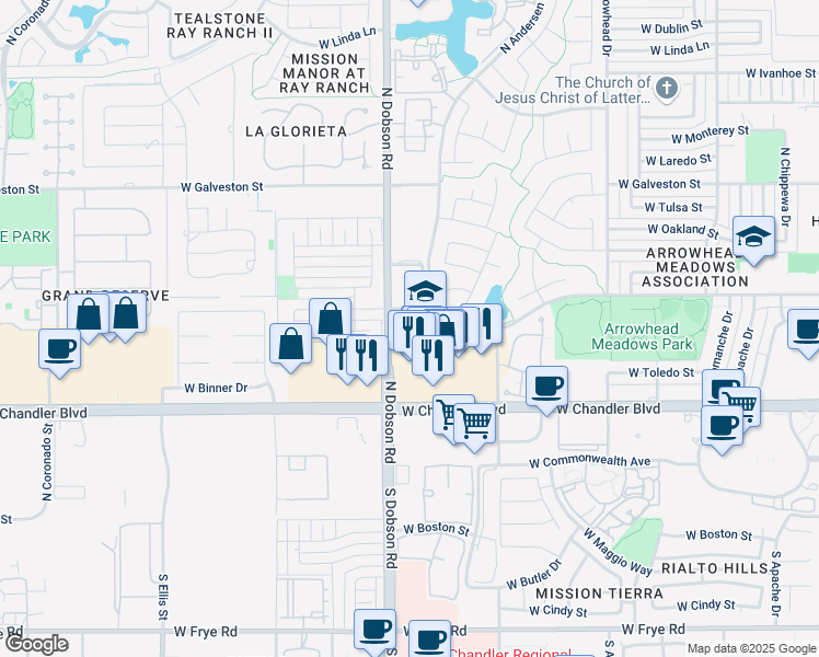 map of restaurants, bars, coffee shops, grocery stores, and more near 401 North Dobson Road in Chandler