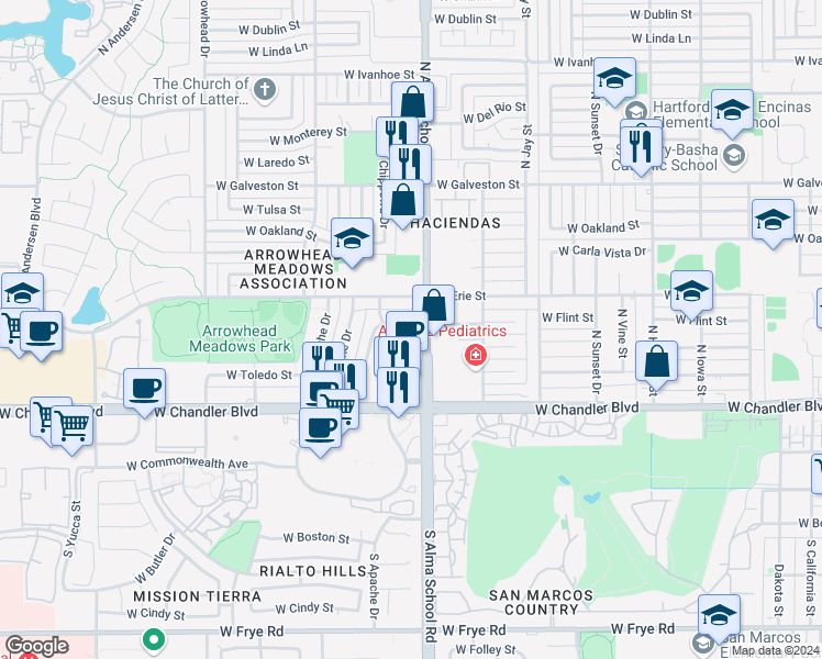 map of restaurants, bars, coffee shops, grocery stores, and more near 1000 West Flint Street in Chandler