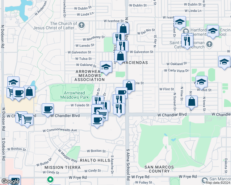 map of restaurants, bars, coffee shops, grocery stores, and more near 372 North Chippewa Place in Chandler