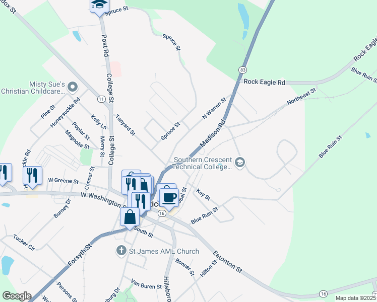 map of restaurants, bars, coffee shops, grocery stores, and more near 285 Madison Road in Monticello
