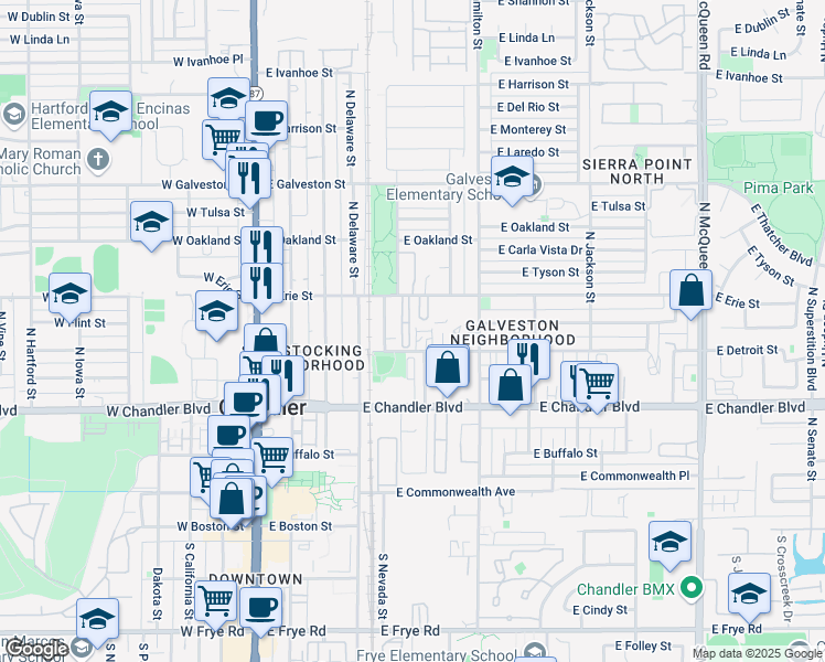 map of restaurants, bars, coffee shops, grocery stores, and more near 475 East Erie Street in Chandler