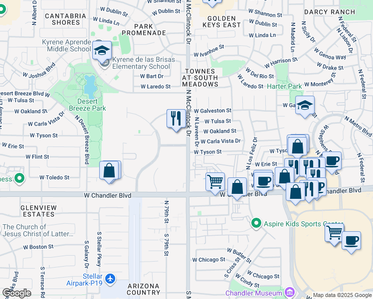 map of restaurants, bars, coffee shops, grocery stores, and more near 4058 West Erie Street in Chandler