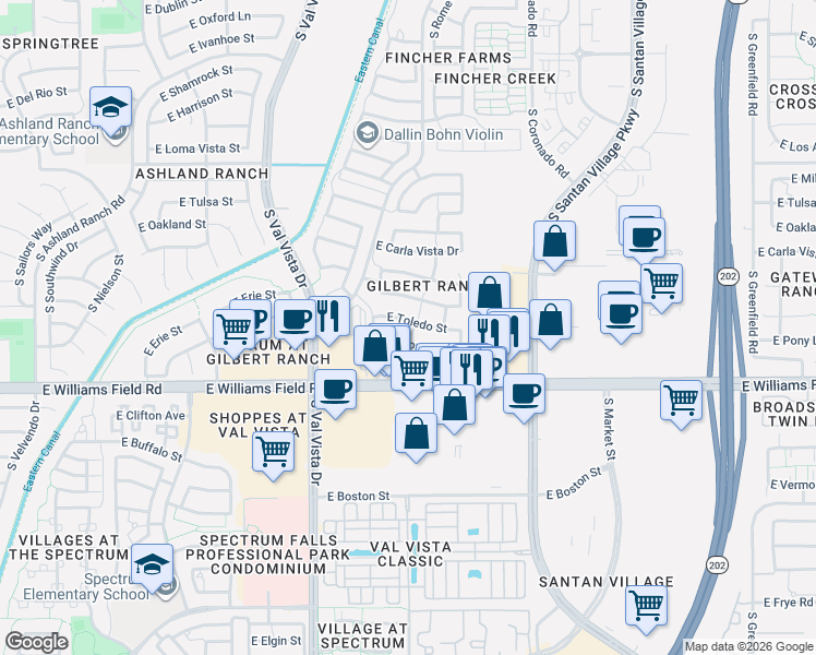 map of restaurants, bars, coffee shops, grocery stores, and more near 1772 East Toledo Street in Gilbert