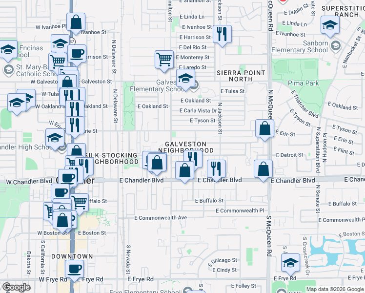 map of restaurants, bars, coffee shops, grocery stores, and more near 600 East Flint Street in Chandler