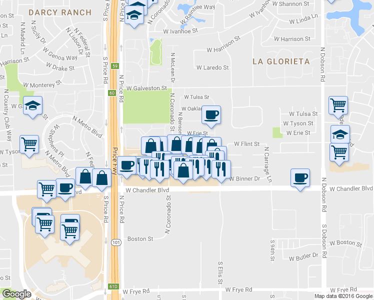 map of restaurants, bars, coffee shops, grocery stores, and more near 2705 W Flint St in Chandler
