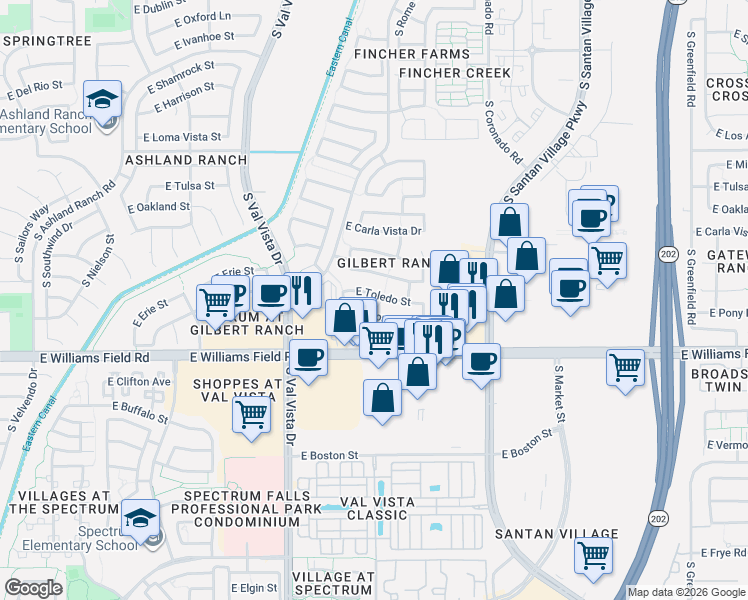 map of restaurants, bars, coffee shops, grocery stores, and more near 1772 East Toledo Street in Gilbert