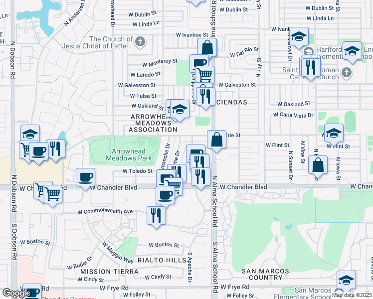 map of restaurants, bars, coffee shops, grocery stores, and more near 372 North Chippewa Place in Chandler