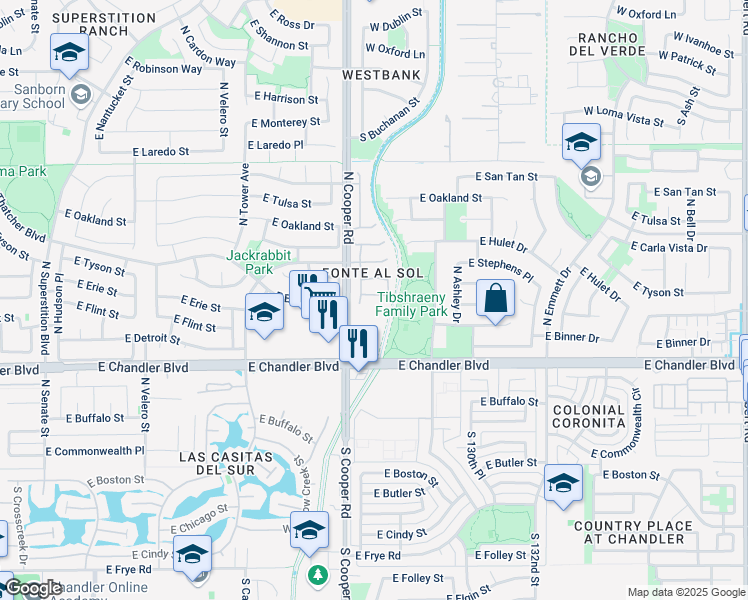map of restaurants, bars, coffee shops, grocery stores, and more near 2080 East Detroit Street in Chandler