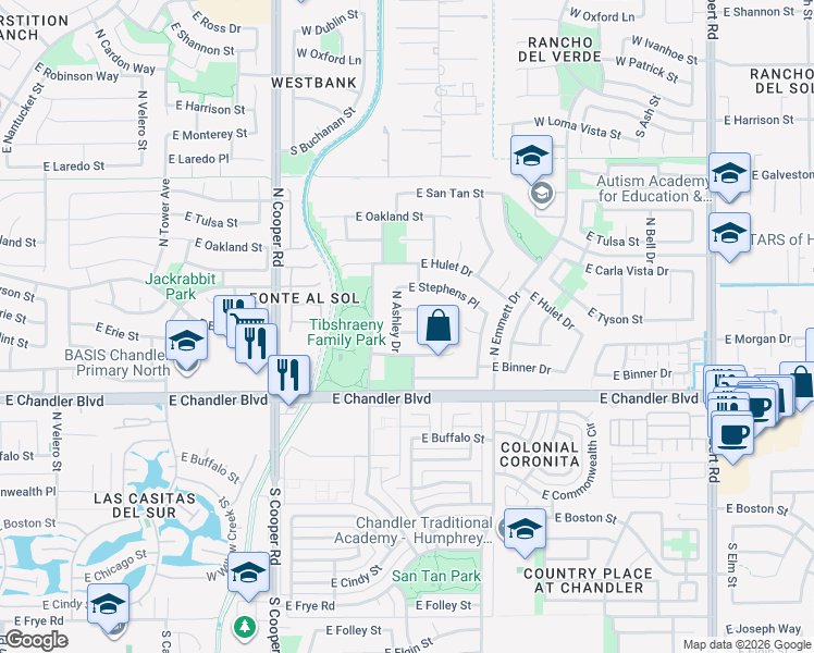 map of restaurants, bars, coffee shops, grocery stores, and more near 2224 East Detroit Street in Chandler