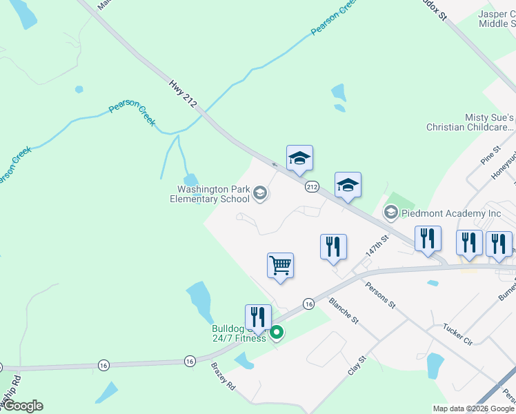 map of restaurants, bars, coffee shops, grocery stores, and more near 721 Georgia 212 in Monticello