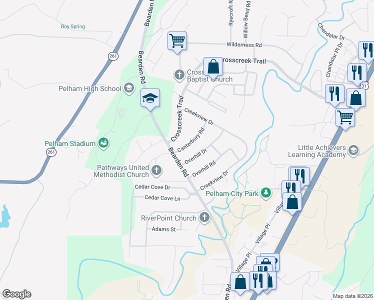 map of restaurants, bars, coffee shops, grocery stores, and more near 504 Canterbury Road in Pelham