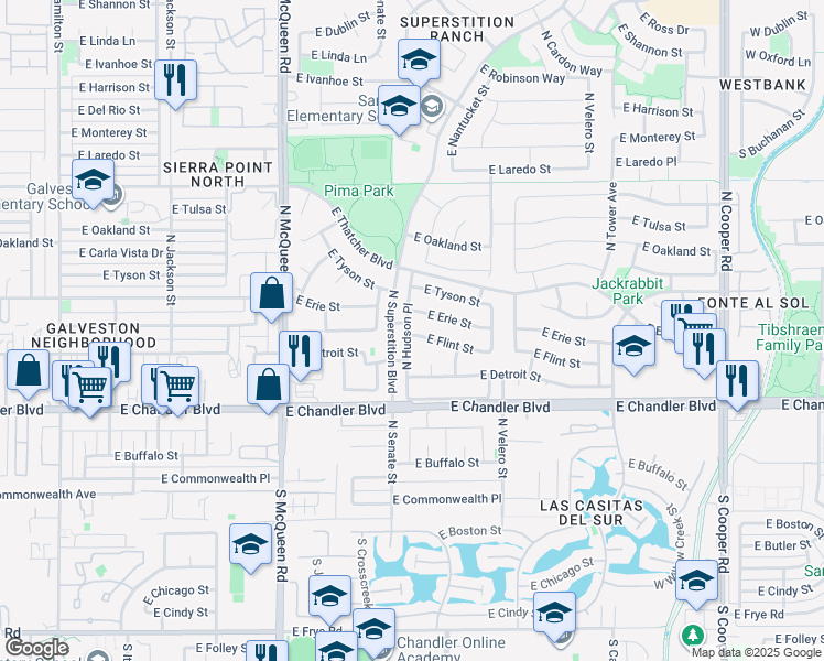map of restaurants, bars, coffee shops, grocery stores, and more near 1310 East Flint Street in Chandler