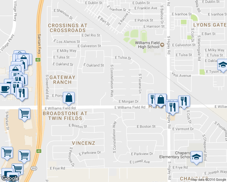 map of restaurants, bars, coffee shops, grocery stores, and more near 2835 East Toledo Court in Gilbert