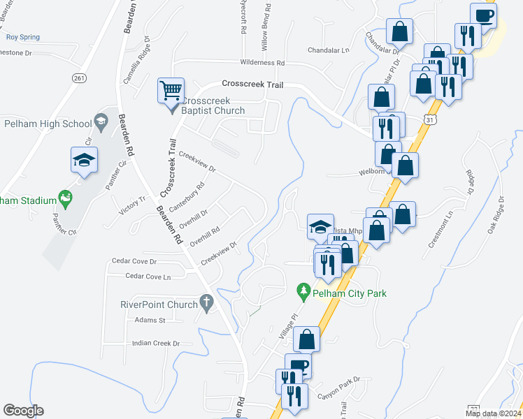 map of restaurants, bars, coffee shops, grocery stores, and more near 608 Creekview Drive in Pelham