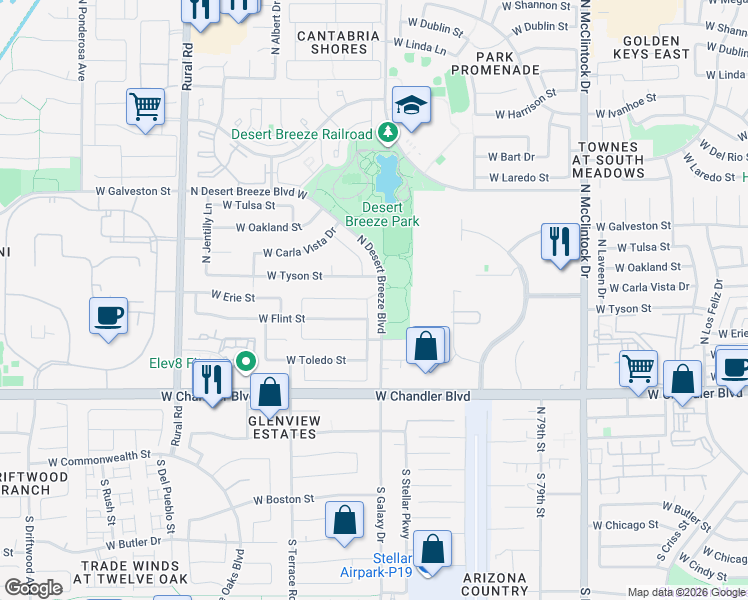 map of restaurants, bars, coffee shops, grocery stores, and more near 371 North Kenneth Place in Chandler
